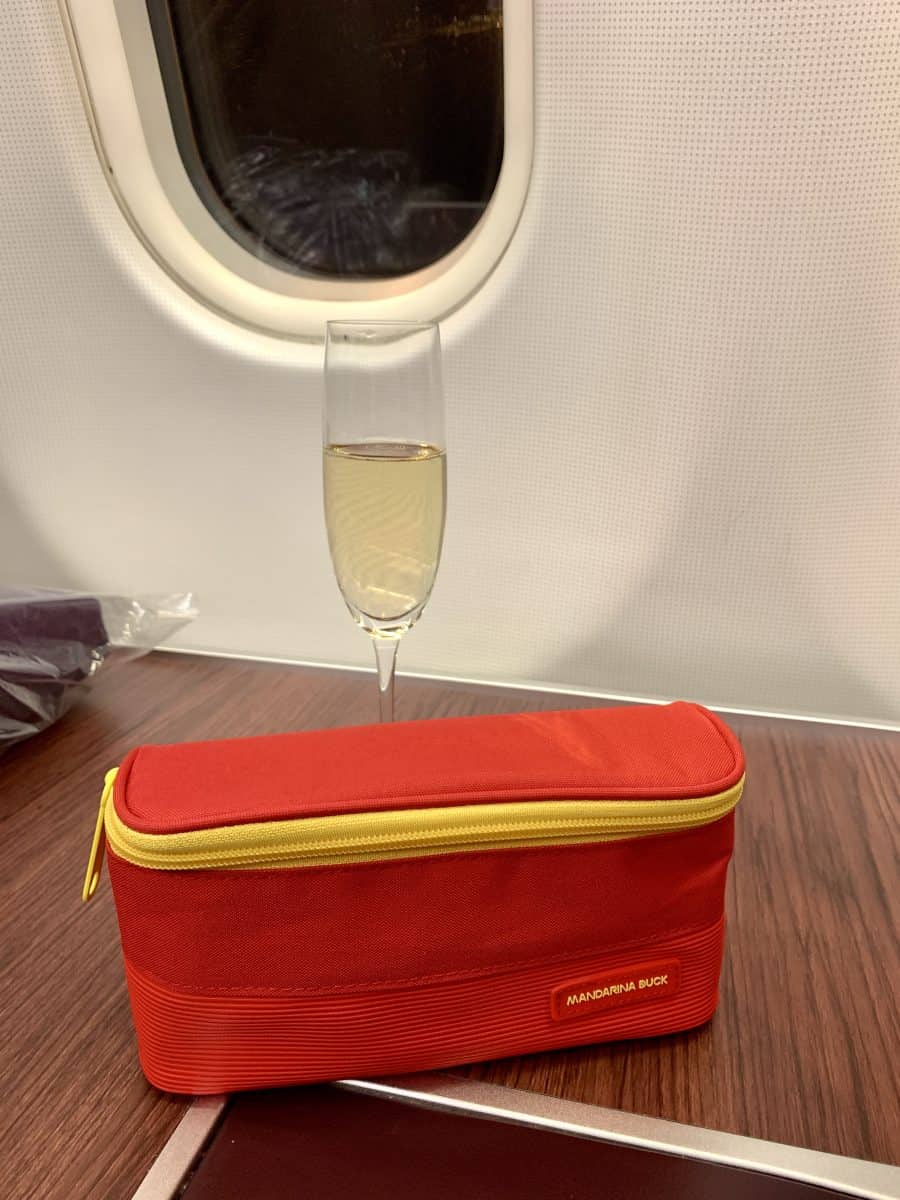 Thai Airways A330 Business Class welcome drink and amenity kit.