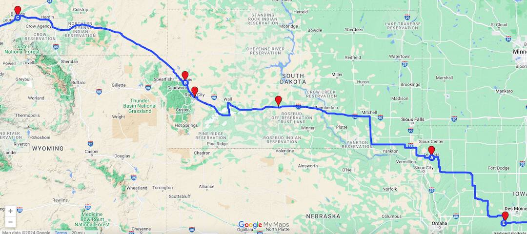 Cross Country Map Iowa to Montana