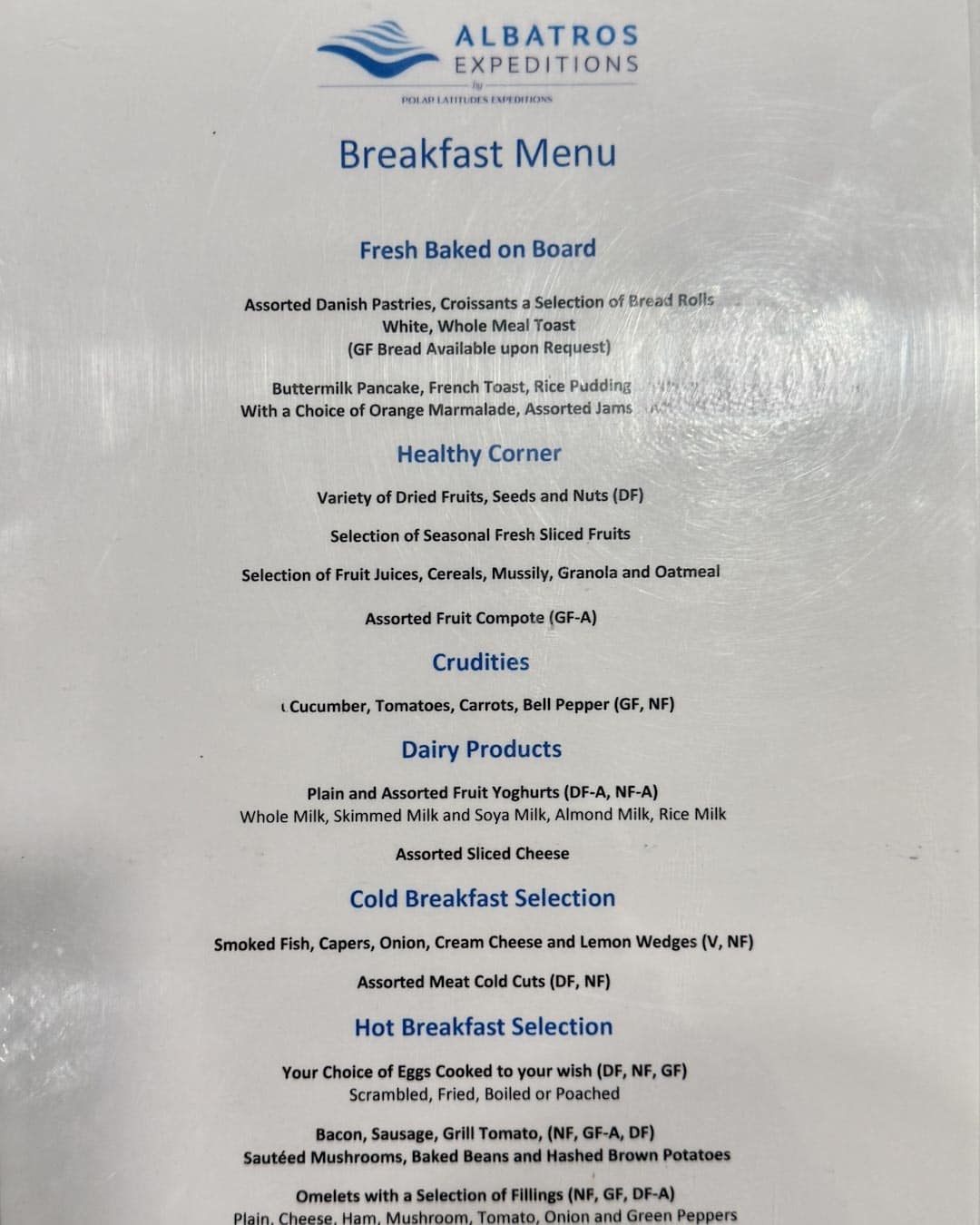 Breakfast Menu Ocean Albatros Antartica