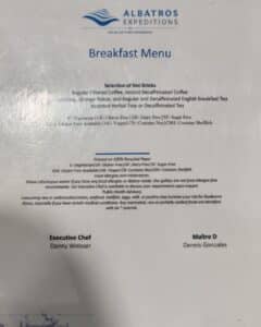 Breakfast Menu Ocean Albatros Antartica
