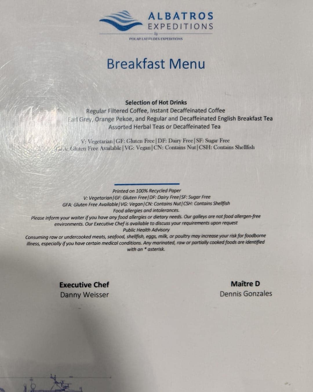 Breakfast Menu Ocean Albatros Antartica
