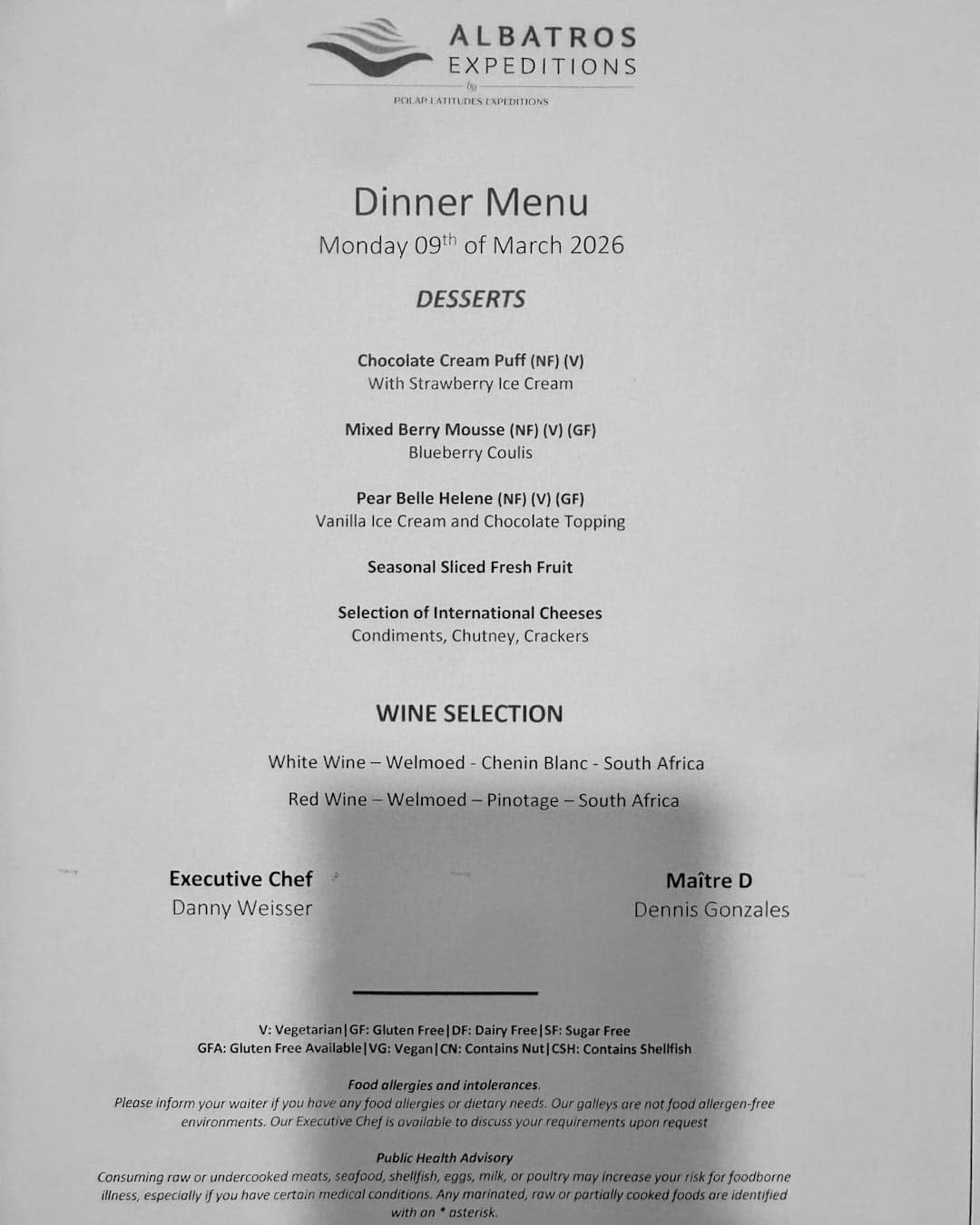 Menu Ocean Albatros Antartica
