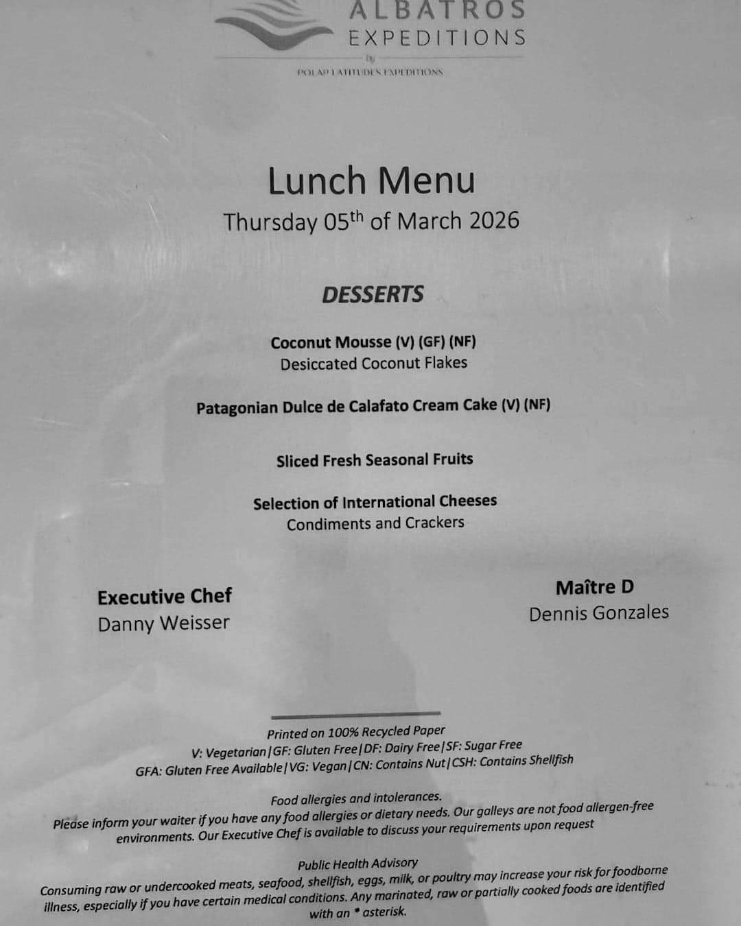 Menu Dining Ocean Albatros Antartica